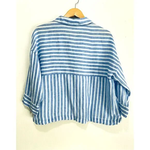 Sigrid Olsen 100% linen crop button up shirt blue stripe coastal beach women L - Picture 3 of 7